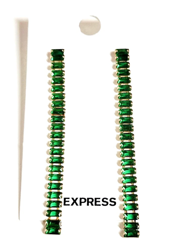 Pendientes colgantes lineales Express Baguette de piedras preciosas verde esmeralda tono dorado varios nuevos con etiquetas Foto 2 de 4