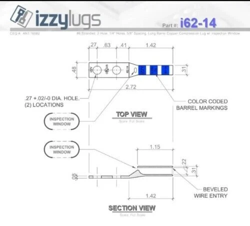 Izzy Lugs i62-14 Copper Compression Lug, #6 stranded 2 hole 1/4" hole 3ct - Image 2 of 2