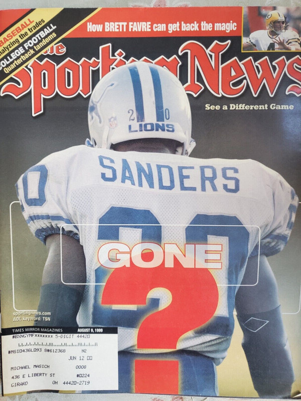 Barry Sanders Cover Photo SPORTING NEWS Magazine, AUGUST 9, 1999, , BRETT FAVRE!