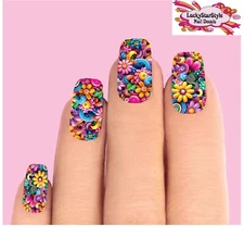 Waterslide Full Nail Decals Set of 10 - Colorful Cartoon  Flowers