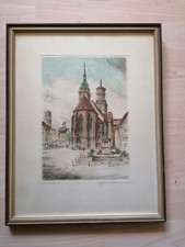 Altes Bild, Skizze oder Radierung in Farbe Stuttgart Kirche signiert siehe Fotos