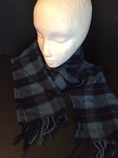 H6 Unisex 100 Lambswool Blue Plaid Scarf w/ Fringes Woven Great Britain
