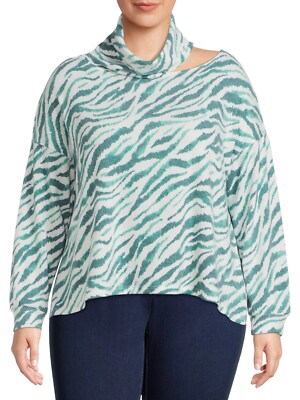 Terra & Sky Women's Plus Size Cut Out Turtleneck Top Teal Zebra Size 3x 24w-26w