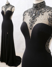 Mermaid High Neck Beaded Jersey Black Wedding Dresses with Slit Bridal Gowns