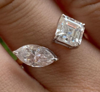 1.54TCW White Marquise & Asscher Cut Moissanite 2 Stone 925 Sterling Silver Ring