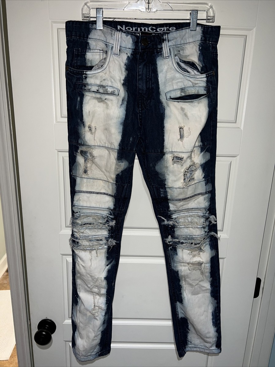 NormCore Punk Rock Paint Bleach Acid Wash Destroyed Denim Blue