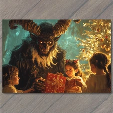POSTCARD Krampus Christmas Scene Children Presents Creepy Festive Nostalgic Gift