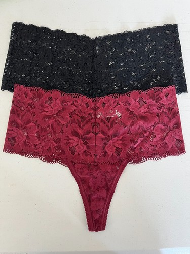 NWOT Soma Embraceable Allover Lace Retro Thong Set Raspberry/Black Sz Large