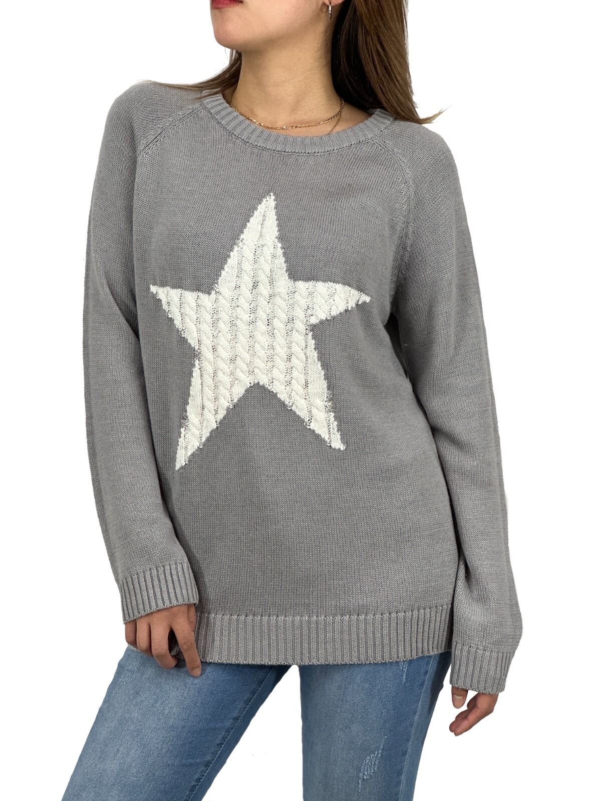 YEMAK Women's Pullover Sweater Long Sleeve Crewneck Star Cable Knit ...