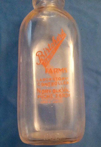 1950s Qt Milk Bottle Birtcherd Dairy Farms Norfolk VA Red Pyro Free Shipping - Picture 5 of 7