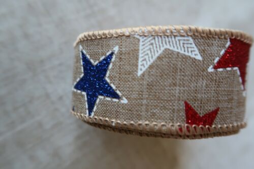 5 Yards Natural Patriotic Wired Edge Ribbon - Red, White, and Blue 1.5"