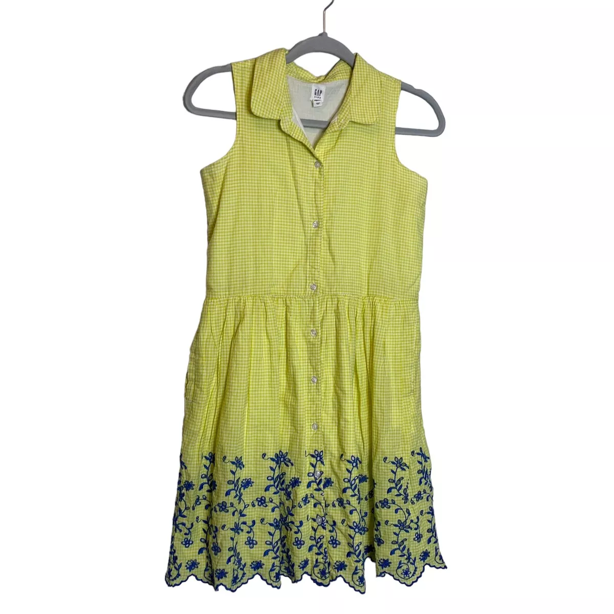 Gap Kids Dress Girls XXL Yellow White Checkered Blue Embroidery