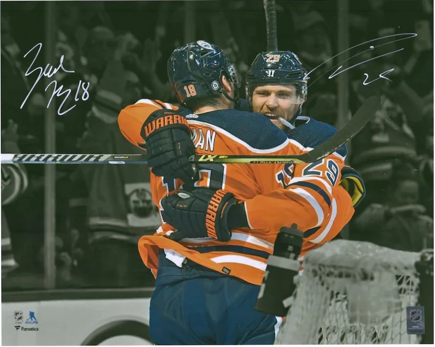 Foto firmada autografiada por Leon Draisaitl Zach Hyman 16x20 engrasadores fanáticos