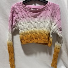 Sincerely Jules Sweater Cropped Cable Knit  Tri Color Pink Medium  Pink Orange