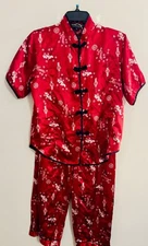 Alexander Del Rossa Short Sleeve Pajama Top Pant Set Sm Red  Oriental Satin