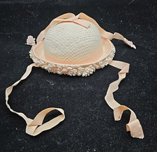 Vtg Childs White Pink Woven Floral Easter Flower Girl Hat Pink Ribbons Tie Bow
