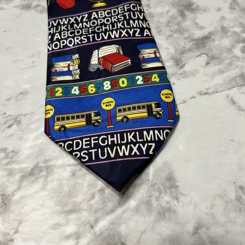 Steven Harris School Days Tie Necktie ABC 123 Books Apples School Bus Globe Blue