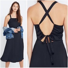 Madewell Cross Back Midi Dress Satin Square Neck Open Back, Size 00, Black