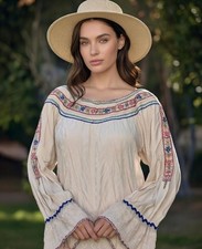 Vintage 60s 70s Peasant Blouse Hand Embroidered Lace Cuffs Large