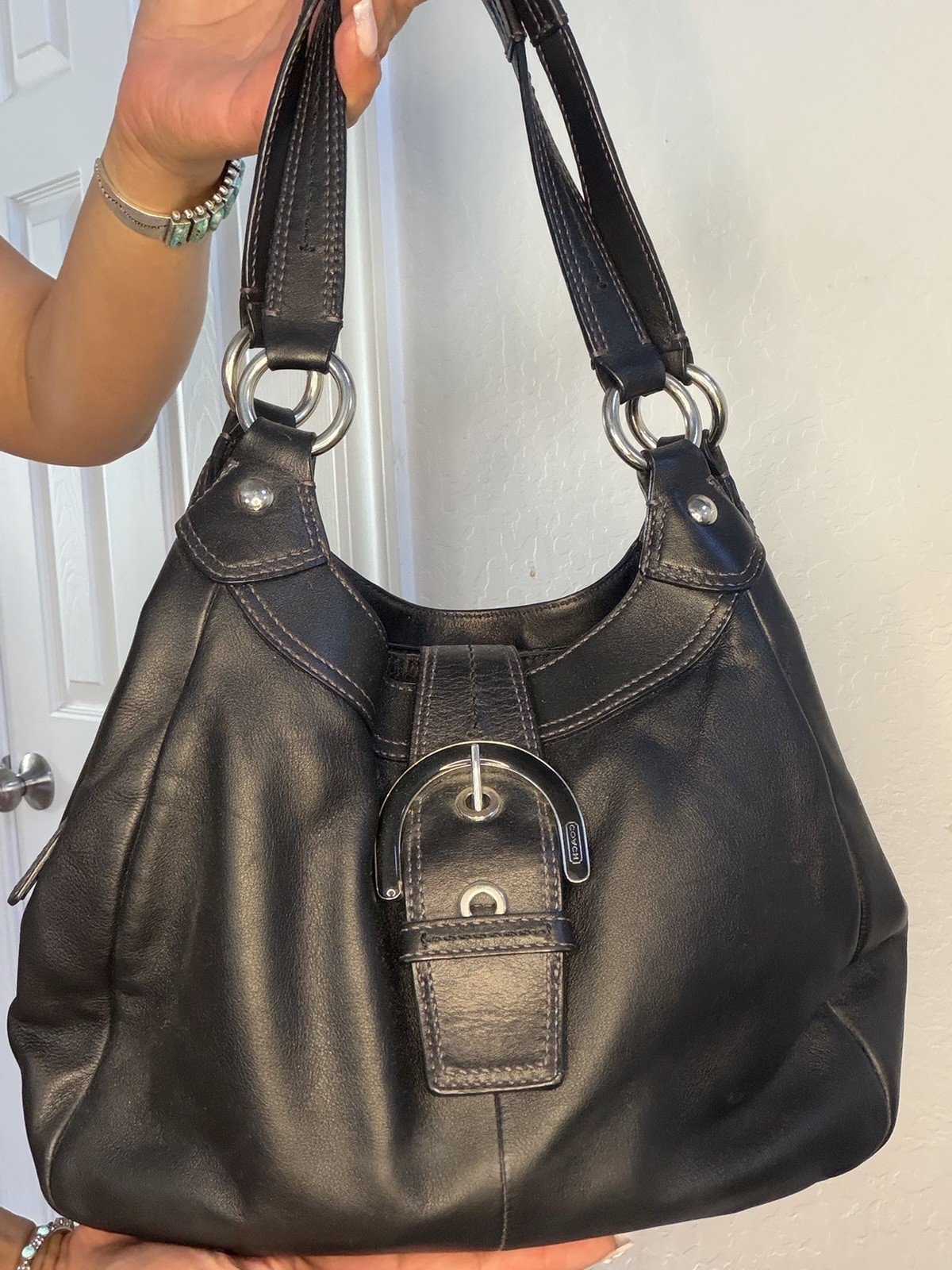 Coach SoHo Lynn Hobo Black Shoulder Bag w/Buckle & Ring Accents, Silver Hardware