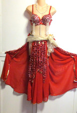 Belly Dance 4 Pc Red Costume- Circular Skirt, Overskirt, Scarf, Bra 38/85- B/C 
