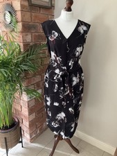 Closet London Black Floral Print Pencil Dress Tie Front Size 14 Occasion Cruise