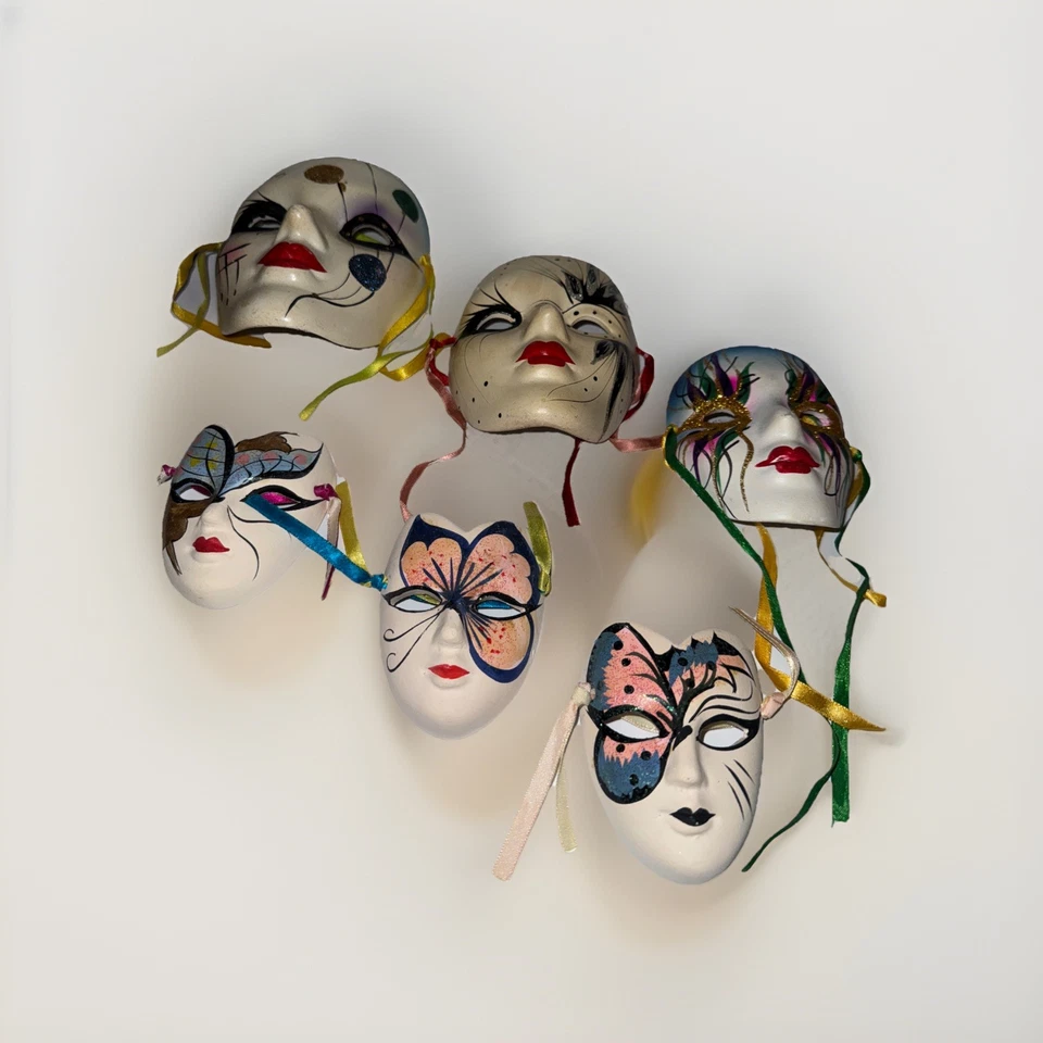 6 Venetian Ceramic Wall Mask Mardi Gras Masquerade Style. Lot Of 6 Mask VTG Rare - Image 2 of 4