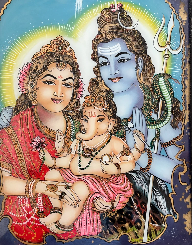 Antigua pintura hindú Shiva, Parvati y Ganesh original reverso vidrio enmarcado Foto 2 de 4