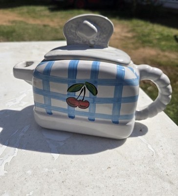 Ceramic Blue Checked & Cherry Design Novelty Teapot with Lid Glazed