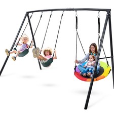 600lb Heavy-Duty A-Frame Metal Swing Set Kids Backyard Playset with Three Swings