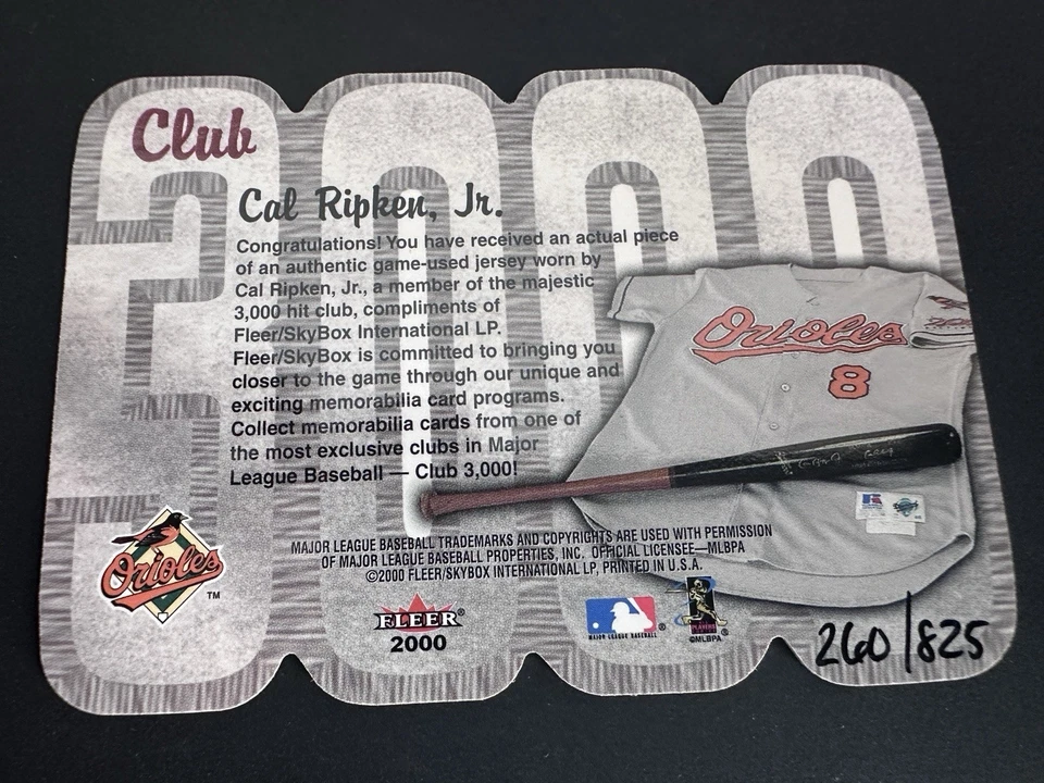 Camiseta deportiva Cal Ripken Jr. 2000 Fleer Club 3000 #725/825 usada en juegos Orioles rara Foto 2 de 2