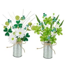 2 Pack St. Patrick's Day Floral Pick in Vase, Glitter Artificial Shamrock