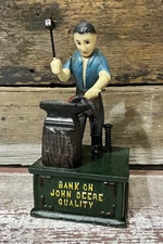 BANK ON JOHN DEERE QUALITY Cast Iron Mechanical Blacksmith w/ Anvil Coin Bank