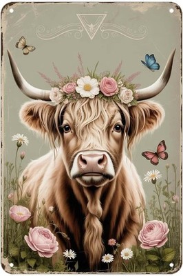 Cute Highland Cow Floral Vintage Animal Tin Metal Signs Home Décor 8x12