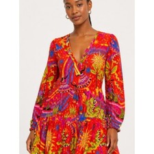 Farm Rio Magic Forest Vibrant Red Tiered Long Sleeve Mini Dress Size S