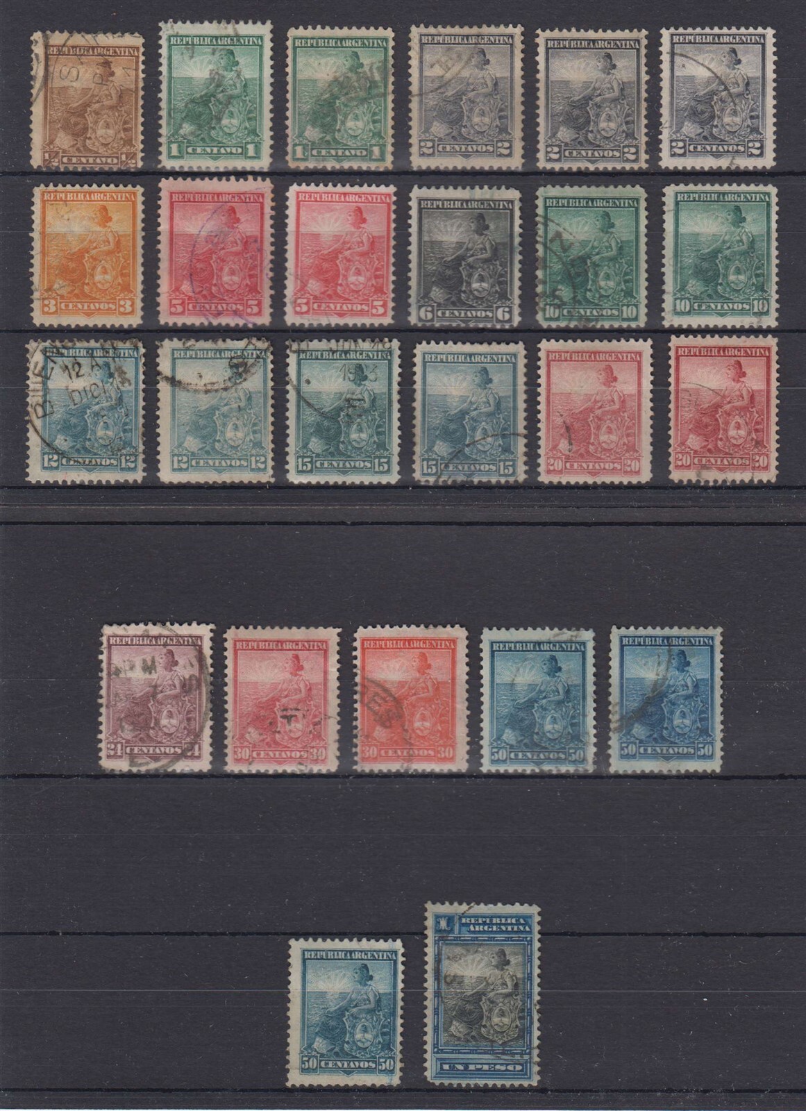 ARGENTINA 1899-1903 LIBERTY SEATED Sc 122E thru 139E (25x) PERF 12 USED SCV$225+