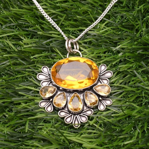 Citrine Gemstone 925 Sterling Silver Handmade Jewelry Pendant With Chain - Picture 7 of 9