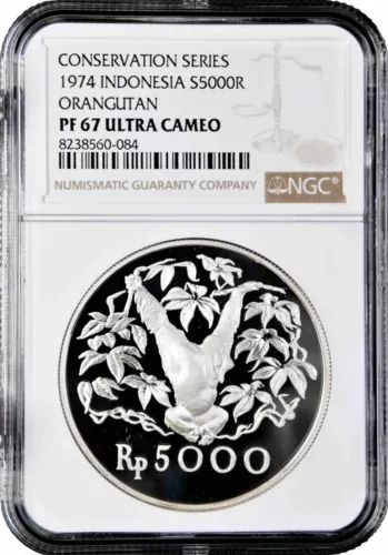 Indonesia 5000 rupiah 1974, NGC PF67 UC, "Orangutan" silver coin