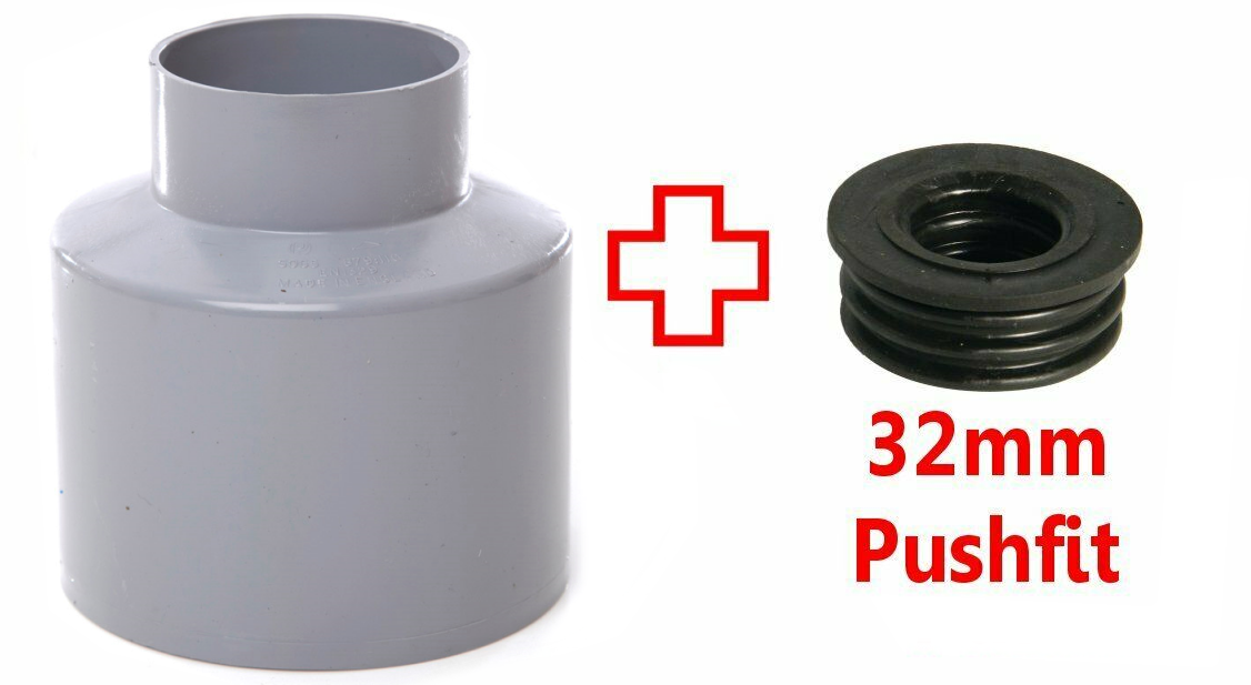 Grey 110mm Soil Pipe Adapter Reducer to 32mm Waste Pipe Pushfit Rubber