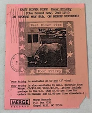 1995 Merge Records promo postcard ~ EAST RIVER PIPE ~ Poor Fricky