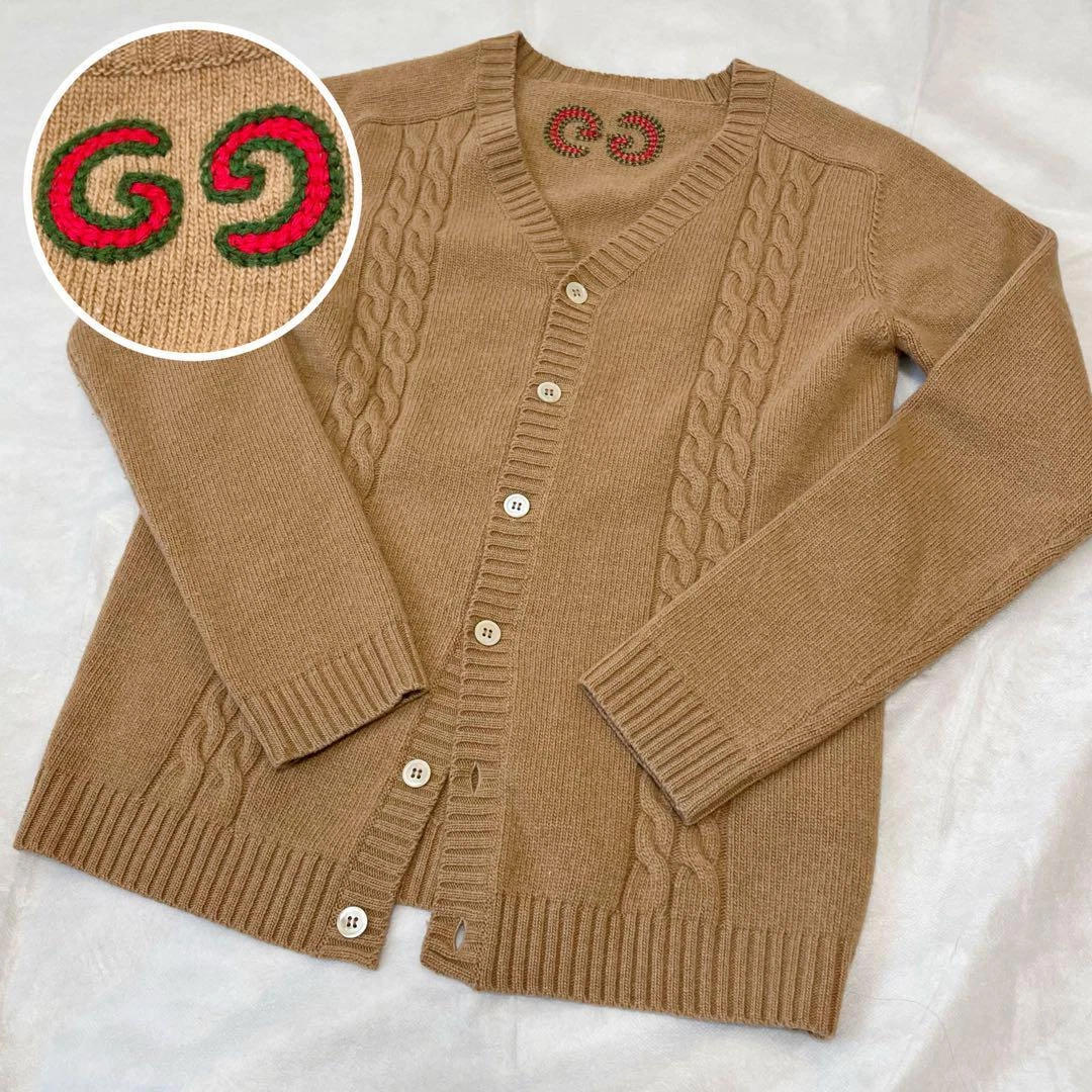 GUCCI GG Embroidery Cardigan 12 Brown beige Authentic Women Used