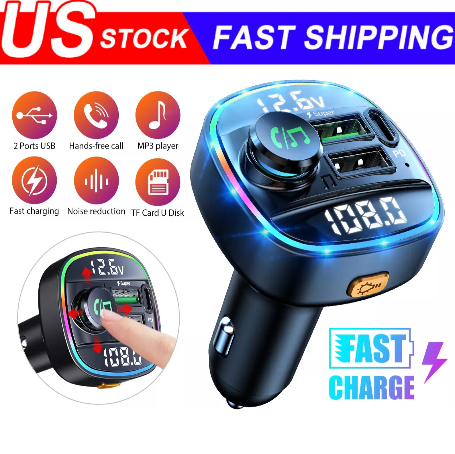 Bluetooth 5.0 Car Wireless FM Transmitter Adapter USB PD Cha