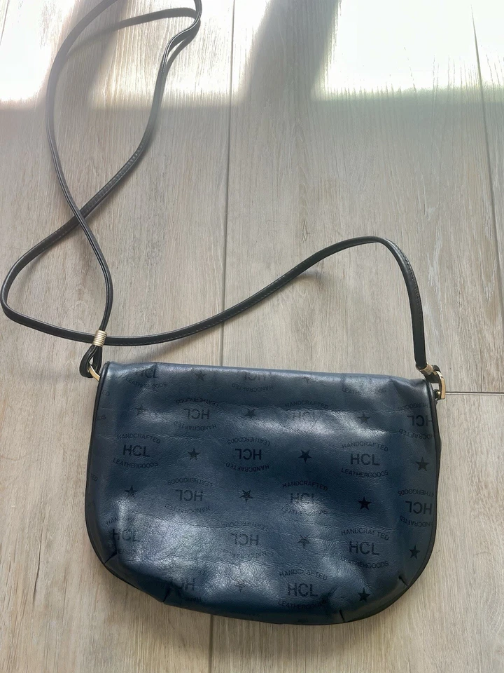 Auténtico Bolso Bandolera Vintage Cuero HCL Azul Marino Alemania Foto 4 de 4