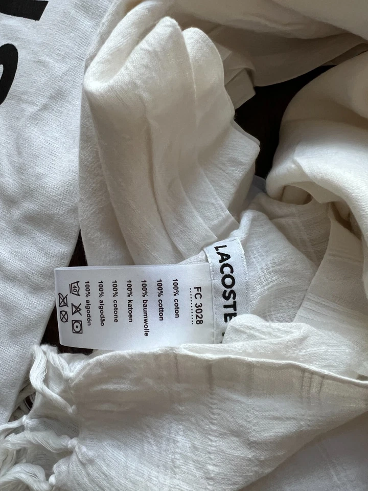 Bufanda blanca 100 % algodón Lacoste NWoT con bolsa antipolvo original (A60345) Foto 3 de 4