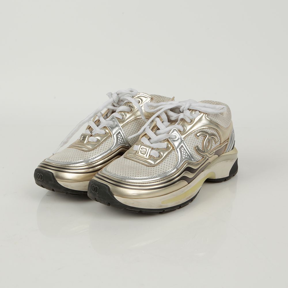 CHANEL CC Cruise Sneakers White/Gold/Silver Size 36.5 G39792 CHANEL CC Cruise Sneakers White/Gold/Silver Size 36.5 G39792