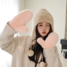 Women's Real Mink Fur Gloves Knitted Warm Wrist Stretch Mittens Sleeves W String