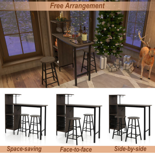 3Pcs Bar Table Chairs Set Industrial Pub Table 2 Stools Storage Shelf Wine Rack - Picture 6 of 10
