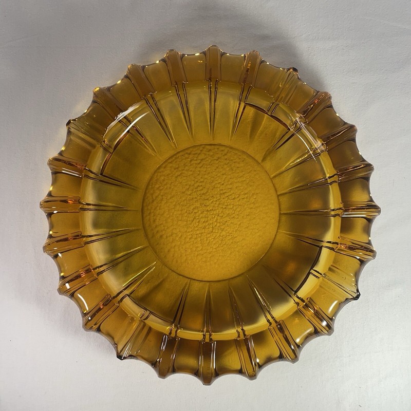 Vintage Amber Depression Glass 10" Ashtray Honey Gold SUNBURST Design