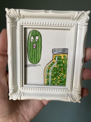 Last Pickle,cucumber,humor, 3/4 Painting On Paper,framed,cute,funny,miniature,