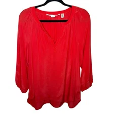 Max Studio M orange red 100% silk popover long sleeve peasant blouse top wmns